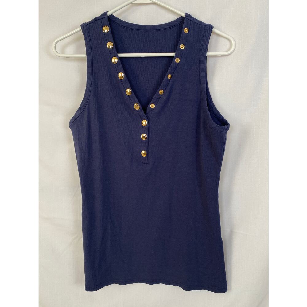 Woman’s 2XL navy tank shirt w gold snaps - a cotton spandex blend